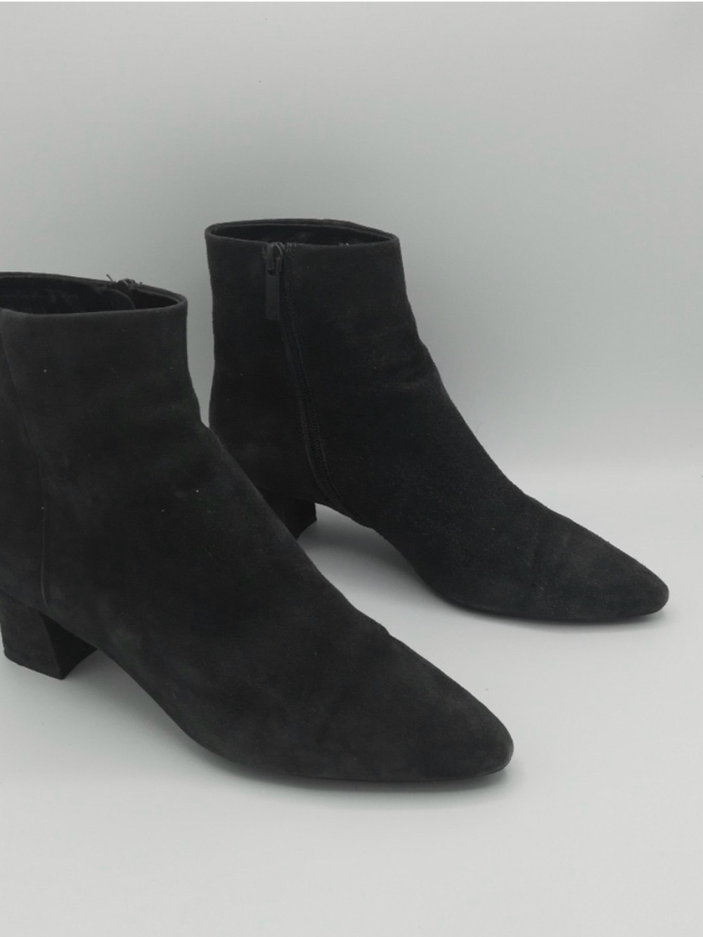 Aquatalia Tilly Grey Suede Ankle Boots with Low Block Heel